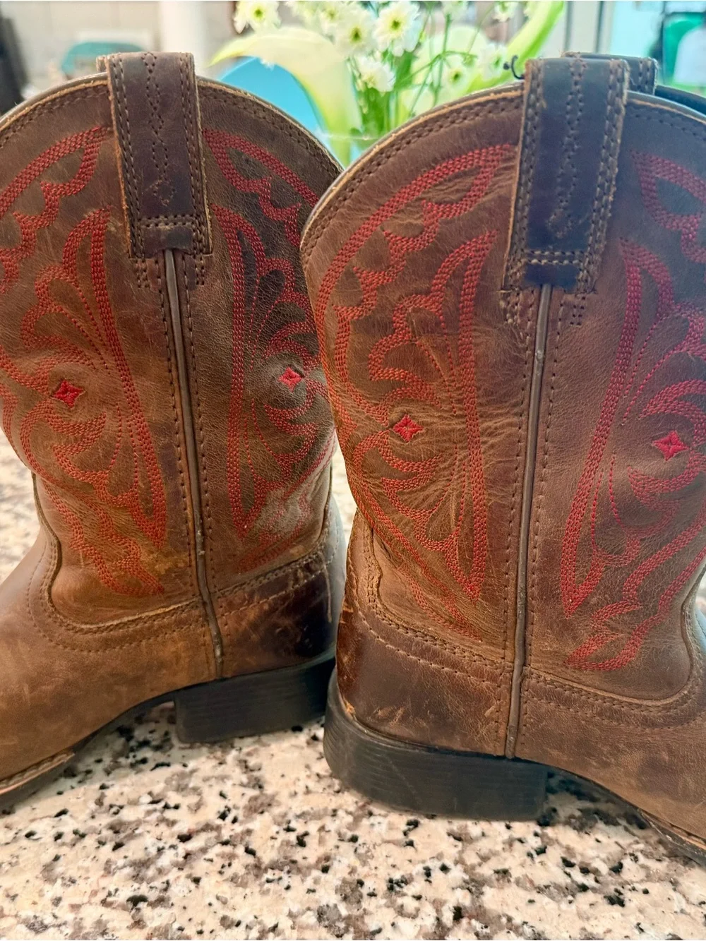 Ariat Brown Kids Western Boots with Red Stitching